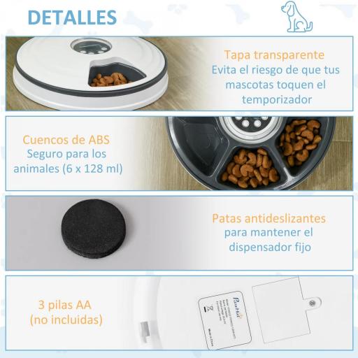 Dispensador de Comida para Mascotas Comedero Automático con Temporizador Pantalla LED 6 Cuencos Ø30,5x7,2 cm Blanco [3]