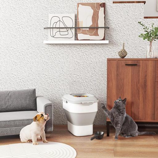 Contenedor de Comida para Perros 25L con Ruedas Taza Medidora Cuenco Plegable y Cuchara Gris