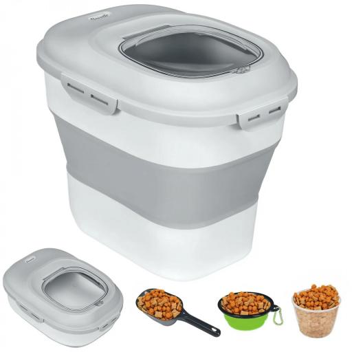 Contenedor de Comida para Perros 25L con Ruedas Taza Medidora Cuenco Plegable y Cuchara Gris [8]