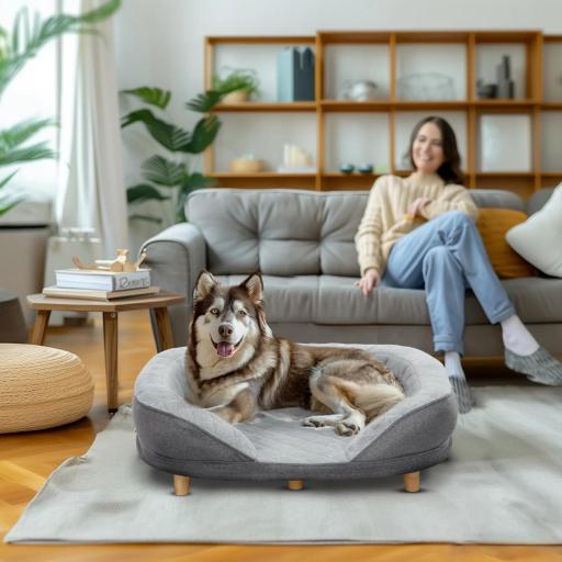 Sofá para Mascotas con Parte Superior Desmontable Funda Lavable y Patas de Madera Carga 25 kg 90x78x25 cm Gris