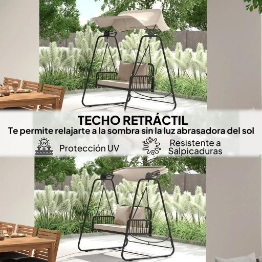 Balancín de Jardín de 2 Plazas con Toldo Retráctil Cojines y Estructura de Acero con Ratán PE 149x121x180 cm Caqui [2]
