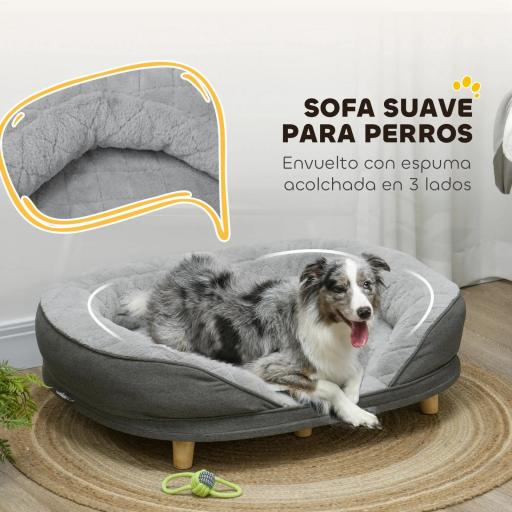Sofá para Mascotas con Parte Superior Desmontable Funda Lavable y Patas de Madera Carga 25 kg 90x78x25 cm Gris [4]