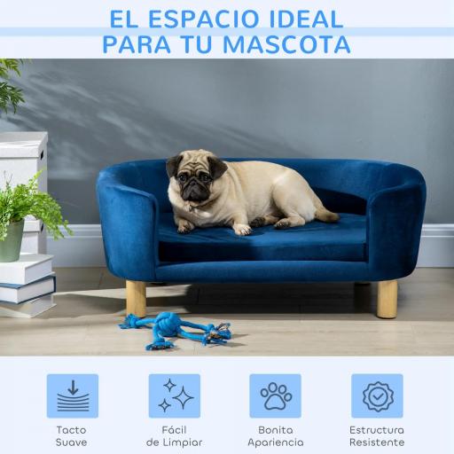Sofá para Perros Pequeños con Patas de Madera Funda Lavable y Cojín Desmontable 86x55x33 cm Azul [2]