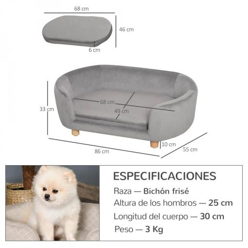 Sofá para Perros Pequeños con Patas de Madera Funda Lavable y Cojín Desmontable 86x55x33 cm Gris Claro [1]
