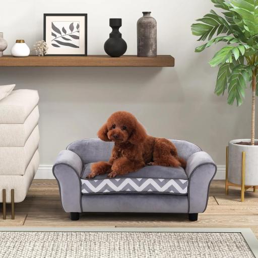Sofá para Mascotas con Patas Cama para Perros de Madera con Cojín Acolchado Acogedora Funda Lavable 73,5x41x33 cm Gris