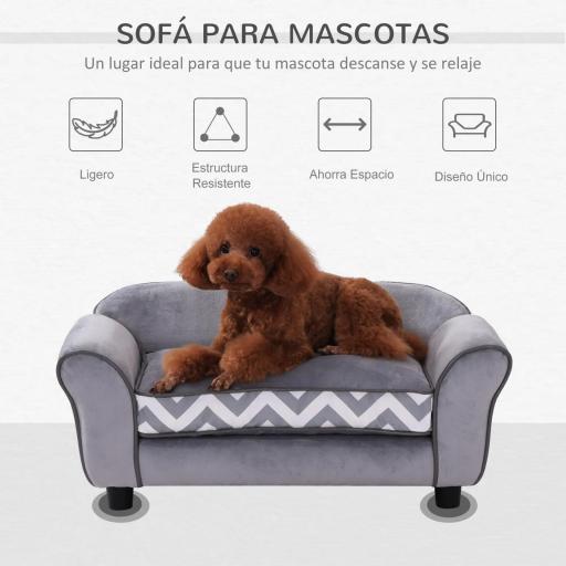 Sofá para Mascotas con Patas Cama para Perros de Madera con Cojín Acolchado Acogedora Funda Lavable 73,5x41x33 cm Gris [3]