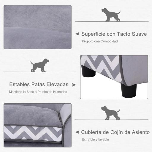 Sofá para Mascotas con Patas Cama para Perros de Madera con Cojín Acolchado Acogedora Funda Lavable 73,5x41x33 cm Gris [4]