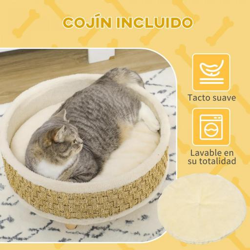 Cama para Perros Miniaturas con Cojín Lavable Cuerda de Seagrass y Marco de Madera Ø48x24,5 cm Beige [5]