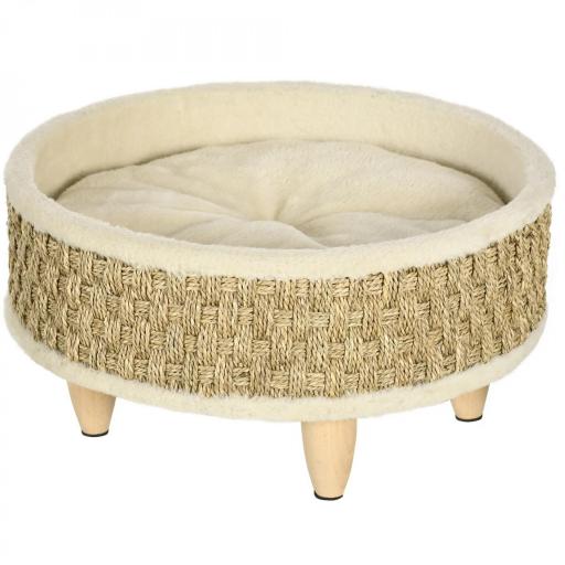 Cama para Perros Miniaturas con Cojín Lavable Cuerda de Seagrass y Marco de Madera Ø48x24,5 cm Beige [9]