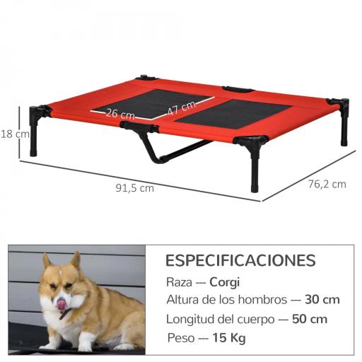 Cama Elevada para Perros Gatos Portátil Cama para Mascotas con Zona de Malla Transpirable y Tela Oxford para Interior Exterior 91,5x76,2x18 cm Rojo [1]