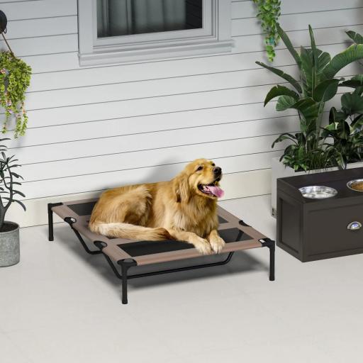 Cama Elevada para Perros Gatos Portátil Cama para Mascotas con Zona de Malla Transpirable y Tela Oxford para Interior Exterior 122x92x23 cm Café