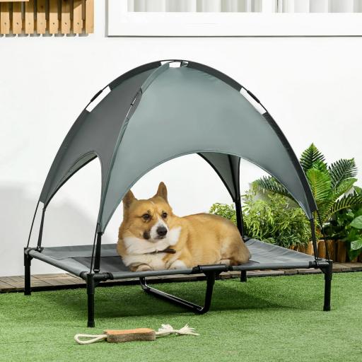 Cama Elevada para Mascotas Portátil con Toldo Extraíble Tela Transpirable al Aire Libre para Interior y Exterior 92x76x90 cm Gris