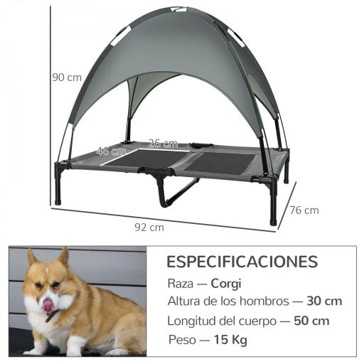 Cama Elevada para Mascotas Portátil con Toldo Extraíble Tela Transpirable al Aire Libre para Interior y Exterior 92x76x90 cm Gris [1]