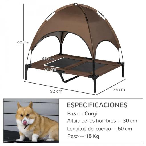 Cama Elevada para Mascotas con Toldo Extraíble Tela Transpirable para Interior y Exterior 92x76x90 cm Marrón [0]