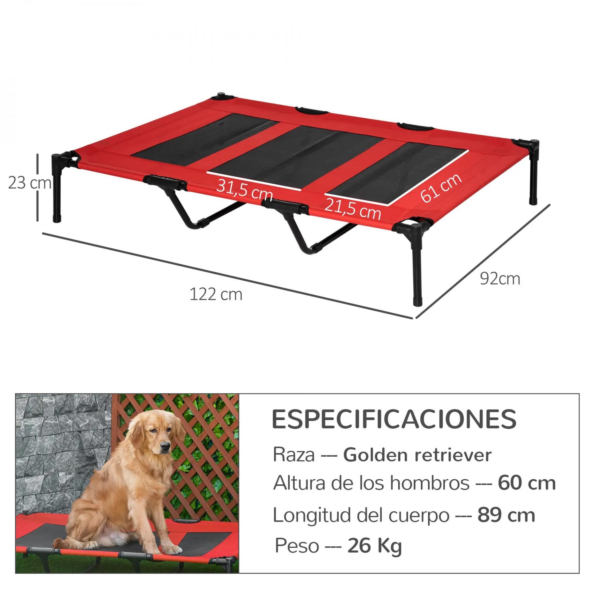 Cama Elevada para Perros Gatos Portátil Cama para Mascotas con Zona de Malla Transpirable y Tela Oxford para Interior Exterior 122x92x23 cm Rojo
