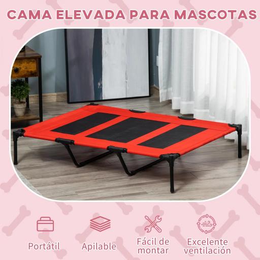 Cama Elevada para Perros Gatos Portátil Cama para Mascotas con Zona de Malla Transpirable y Tela Oxford para Interior Exterior 122x92x23 cm Rojo [3]