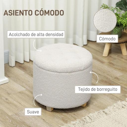 Puff Almacenaje Baúl de Almacenaje Redondo 40,5L 45x45x41 cm Tapizado en Borreguillo con Patas de Madera Blanco [5]