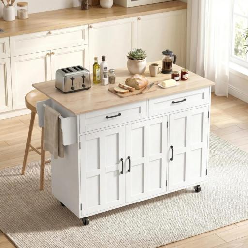 Isla de Cocina con Encimera Extensible Ruedas 2 Cajones 3 Armarios Estantes en la Puerta Toallero Blanco [7]