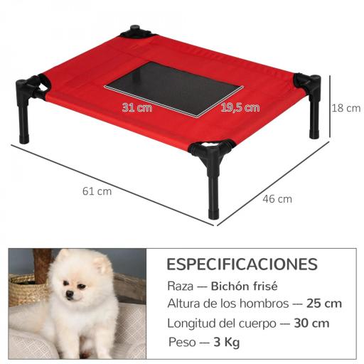 Cama Elevada para Perros Gatos Portátil Cama para Mascotas con Zona de Malla Transpirable y Tela Oxford para Interior Exterior 61x46x18 cm Rojo [1]