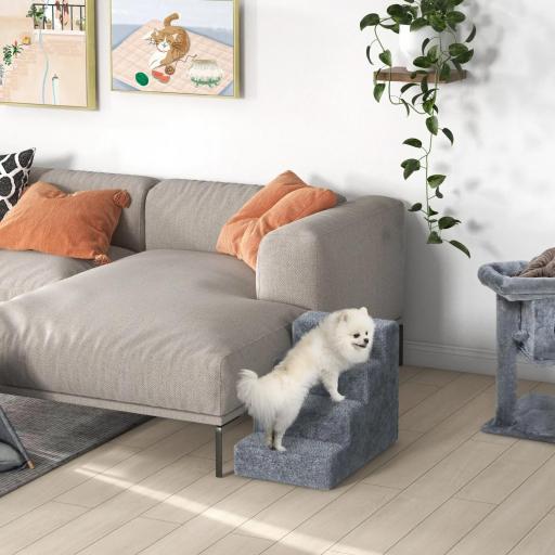 Escalera para Perros de 4 Peldaños Escalera para Mascotas con Funda Extraíble y Lavable para Cama Sofá 60x35x44 cm Gris [7]