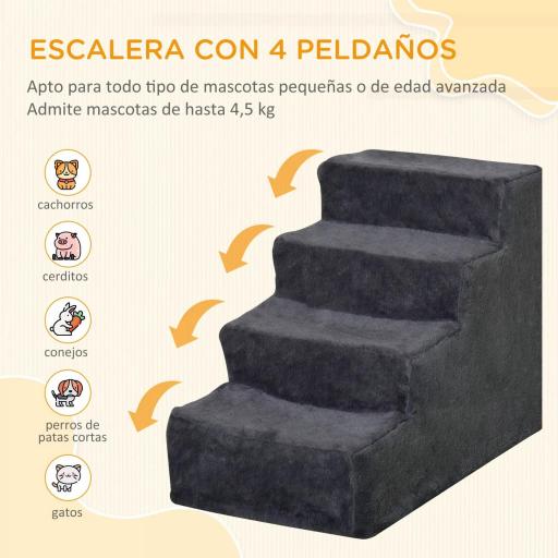 Escalera para Mascotas de 4 Peldaños con Funda Extraíble y Lavable para Cama Sofá 60x35x44 cm Gris Oscuro [2]
