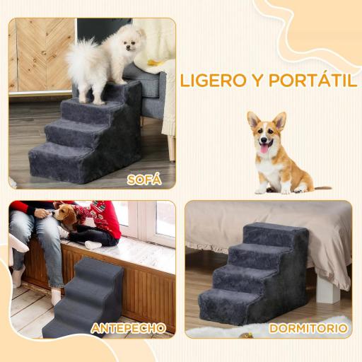 Escalera para Mascotas de 4 Peldaños con Funda Extraíble y Lavable para Cama Sofá 60x35x44 cm Gris Oscuro [5]