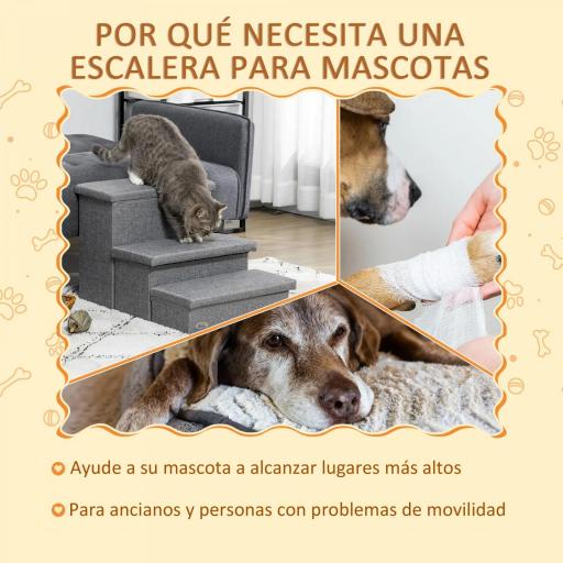 Escalera para Mascotas de 3 Peldaños Escalones para Perros Gatos con Espacio de Almacenamiento 63,5x42,5x40,5 cm Gris [4]