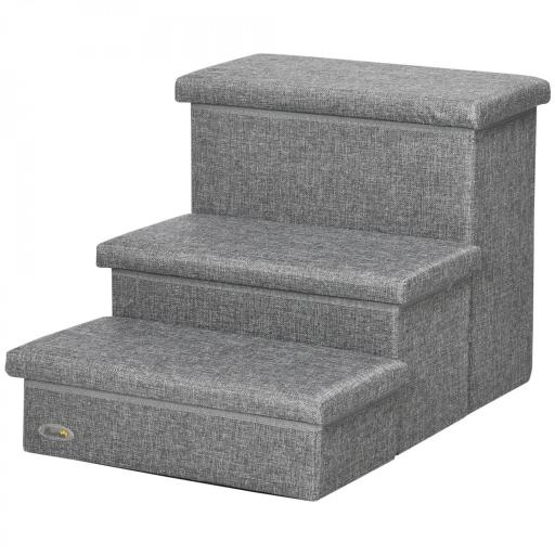 Escalera para Mascotas de 3 Peldaños Escalones para Perros Gatos con Espacio de Almacenamiento 63,5x42,5x40,5 cm Gris [8]