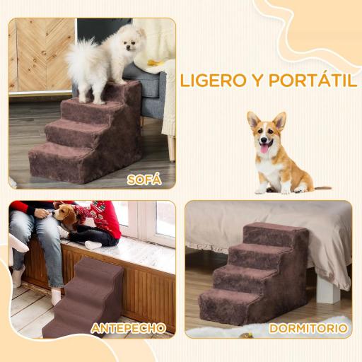 Escalera para Mascotas de 4 Peldaños con Funda Extraíble y Lavable para Cama Sofá 60x35x44 cm Marrón [4]