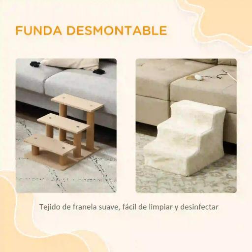 Escalera para Perros de 3 Peldaños con Funda Extraíble y Lavable Rampa para Perros para Cama Sofá 46x35x35 cm Beige [5]