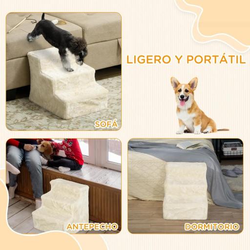 Escalera para Perros de 3 Peldaños con Funda Extraíble y Lavable Rampa para Perros para Cama Sofá 46x35x35 cm Beige [3]