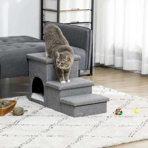 Escalera para Mascotas de 3 Peldaños 2 Cajas de Almacenaje Cueva y Cojín para Cama Sofá 73,5x33x40,5 cm Gris