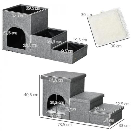 Escalera para Mascotas de 3 Peldaños 2 Cajas de Almacenaje Cueva y Cojín para Cama Sofá 73,5x33x40,5 cm Gris [1]
