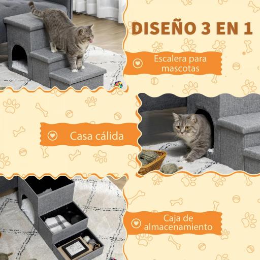 Escalera para Mascotas de 3 Peldaños 2 Cajas de Almacenaje Cueva y Cojín para Cama Sofá 73,5x33x40,5 cm Gris [4]