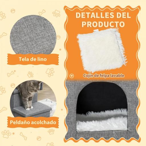 Escalera para Mascotas de 3 Peldaños 2 Cajas de Almacenaje Cueva y Cojín para Cama Sofá 73,5x33x40,5 cm Gris [3]