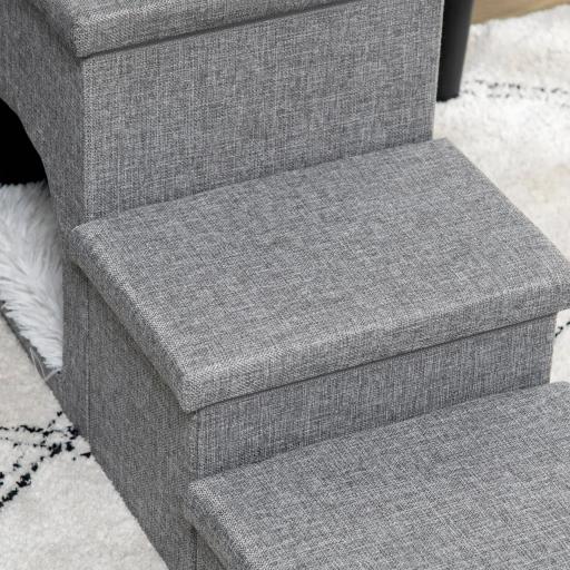 Escalera para Mascotas de 3 Peldaños 2 Cajas de Almacenaje Cueva y Cojín para Cama Sofá 73,5x33x40,5 cm Gris [7]