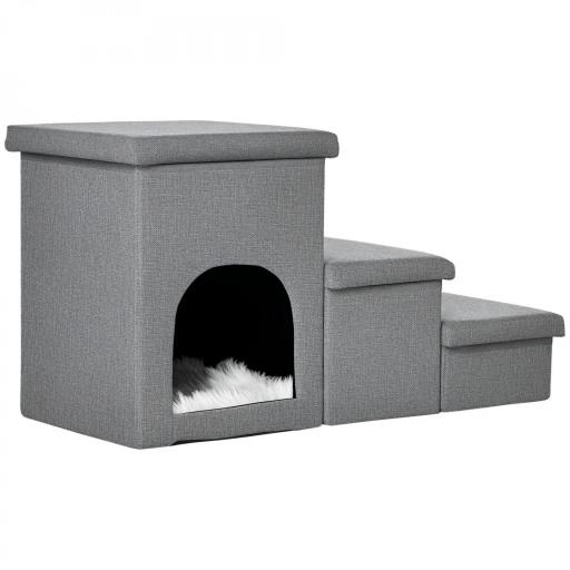 Escalera para Mascotas de 3 Peldaños 2 Cajas de Almacenaje Cueva y Cojín para Cama Sofá 73,5x33x40,5 cm Gris [9]