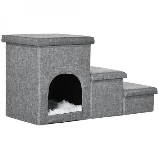 Escalera para Mascotas de 3 Peldaños 2 Cajas de Almacenaje Cueva y Cojín para Cama Sofá 73,5x33x40,5 cm Gris [8]