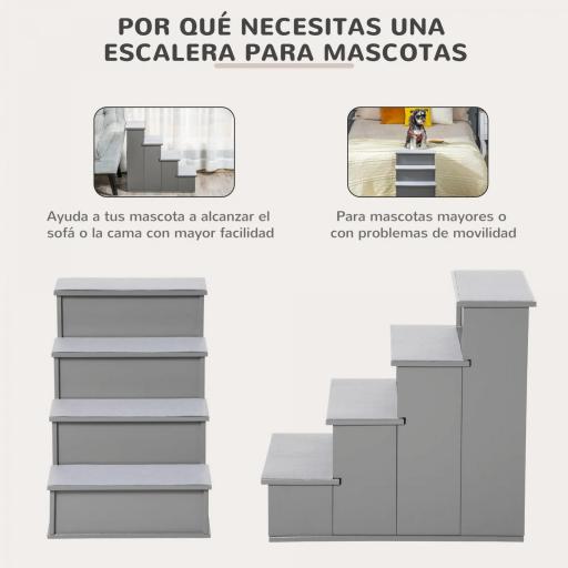 Escalera para Mascotas Escalones para Perros Gatos con Acolchados Desmontables Carga 30 kg 40x59x54,2 cm Gris [4]