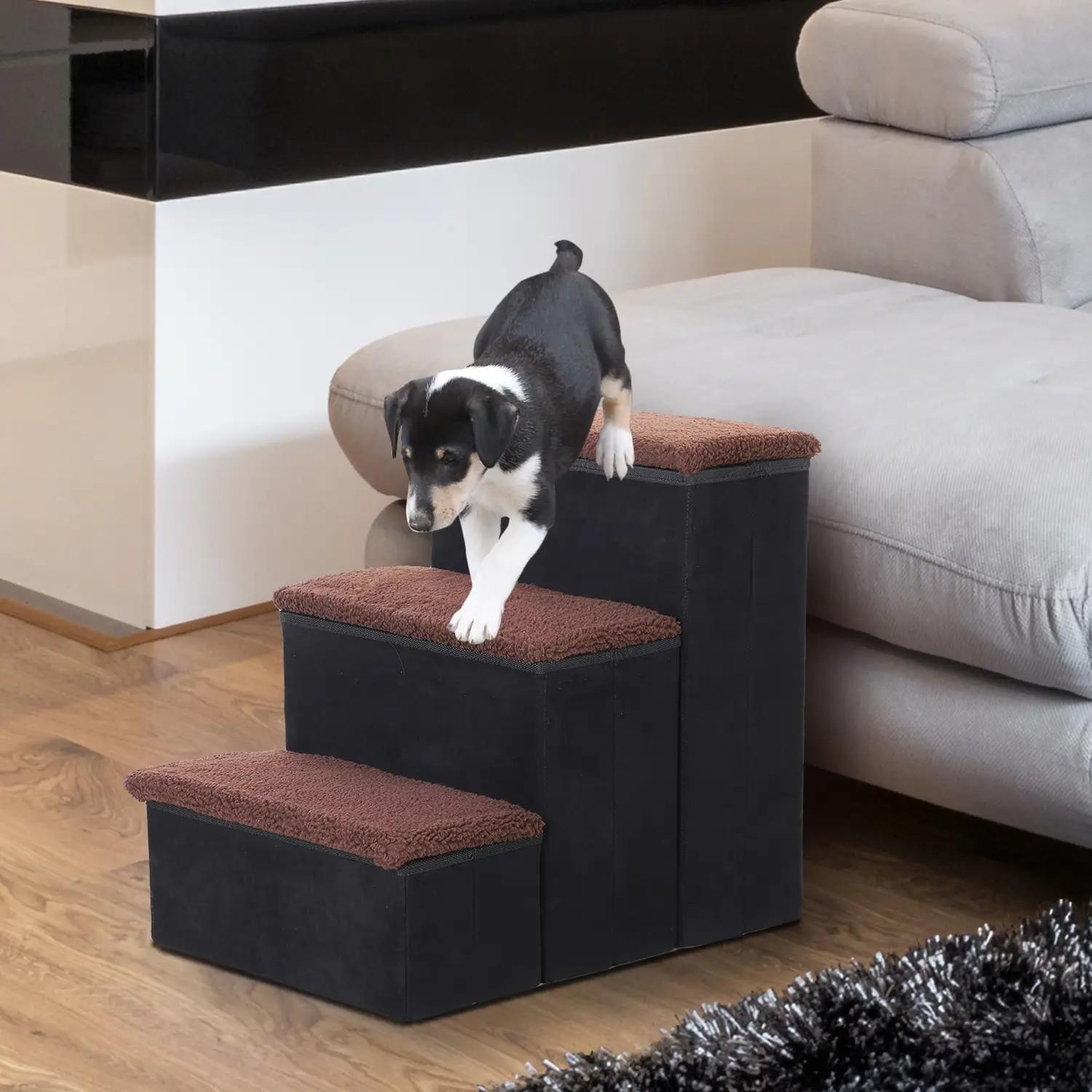 Escalera para Mascotas de 3 Peldaños Plegable con Tapas Abatibles y Espacio de Almacenamiento 3 Escalones de Perros Gatos Pequeños para Cama Sofá 40x54x48 cm Negro