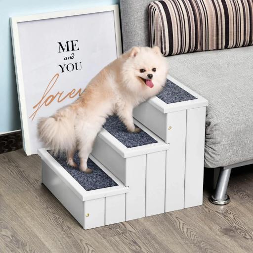 Escalera para Mascotas 3 Peldaños con Espacio de Almacenaje y Alfombra Antideslizantes Portátil Madera para Vehículo Carga 30 kg 40,5x44,5x38 cm Blanco