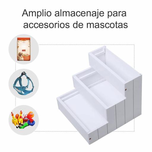 Escalera para Mascotas 3 Peldaños con Espacio de Almacenaje y Alfombra Antideslizantes Portátil Madera para Vehículo Carga 30 kg 40,5x44,5x38 cm Blanco [2]