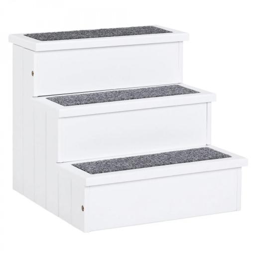 Escalera para Mascotas 3 Peldaños con Espacio de Almacenaje y Alfombra Antideslizantes Portátil Madera para Vehículo Carga 30 kg 40,5x44,5x38 cm Blanco [10]