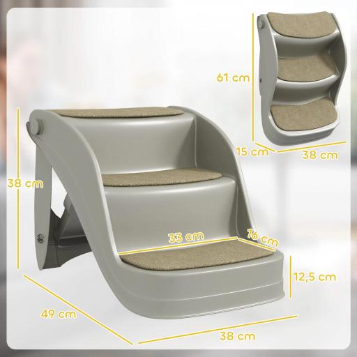 Escalera para Perros Pequeños Plegable 3 Peldaños Escalones para Perros con Alfombras Antideslizantes 49x38x38 cm Gris [1]
