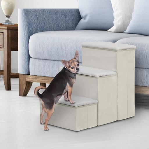 Escalera para Mascotas de 3 Peldaños Plegable con Tapas Abatibles y Espacio de Almacenamiento 3 Escalones de Perros Gatos Pequeños para Cama Sofá 40x54x48 cm Blanco