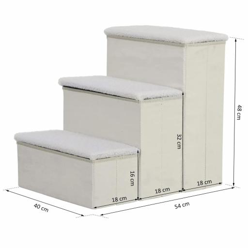 Escalera para Mascotas de 3 Peldaños Plegable con Tapas Abatibles y Espacio de Almacenamiento 3 Escalones de Perros Gatos Pequeños para Cama Sofá 40x54x48 cm Blanco [1]