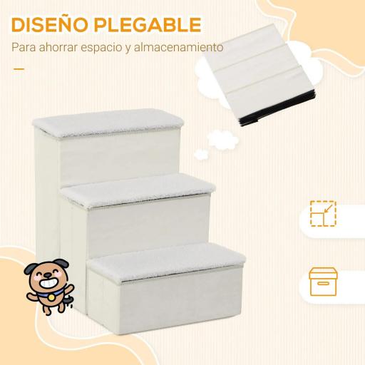 Escalera para Mascotas de 3 Peldaños Plegable con Tapas Abatibles y Espacio de Almacenamiento 3 Escalones de Perros Gatos Pequeños para Cama Sofá 40x54x48 cm Blanco [3]