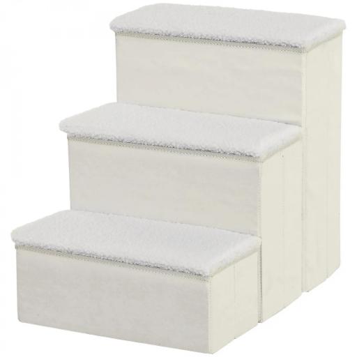 Escalera para Mascotas de 3 Peldaños Plegable con Tapas Abatibles y Espacio de Almacenamiento 3 Escalones de Perros Gatos Pequeños para Cama Sofá 40x54x48 cm Blanco [9]