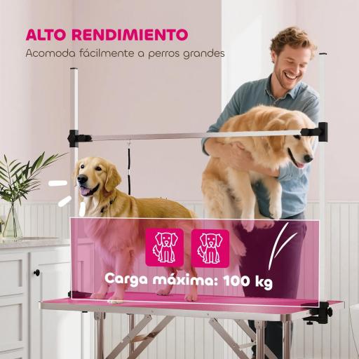 Mesa de Peluquería Canina Plegable con Cesta Metálica Barra de Acero Inoxidable Ajustable 107x60x164 cm Rosa [3]