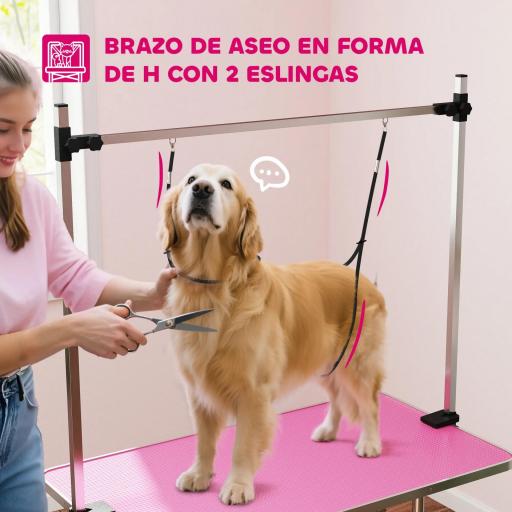 Mesa de Peluquería Canina Plegable con Cesta Metálica Barra de Acero Inoxidable Ajustable 107x60x164 cm Rosa [4]